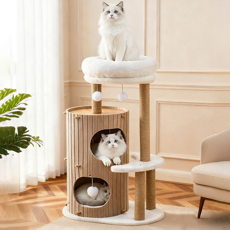 Contemporary Scandinavian Round Medium-Density Fiberboard Hemp Rope Paper Tube Velvet Fabric Felt Cat Tree 4-Tier For Bedroom Cuvalon