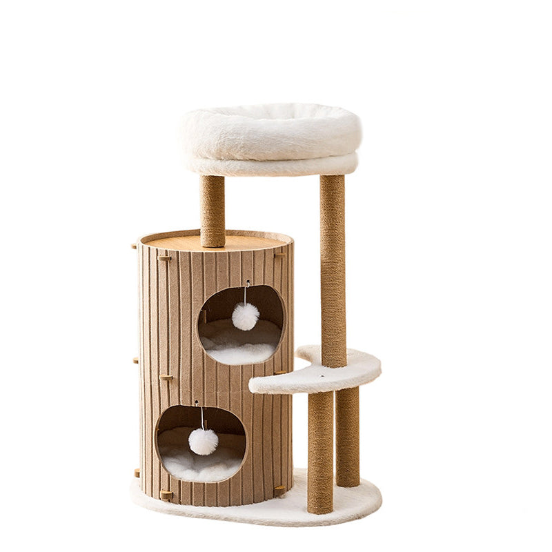 Contemporary Scandinavian Round Medium-Density Fiberboard Hemp Rope Paper Tube Velvet Fabric Felt Cat Tree 4-Tier For Bedroom Cuvalon