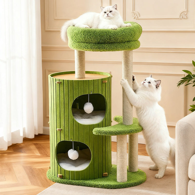 Contemporary Scandinavian Round Medium-Density Fiberboard Hemp Rope Paper Tube Velvet Fabric Felt Cat Tree 4-Tier For Bedroom Cuvalon