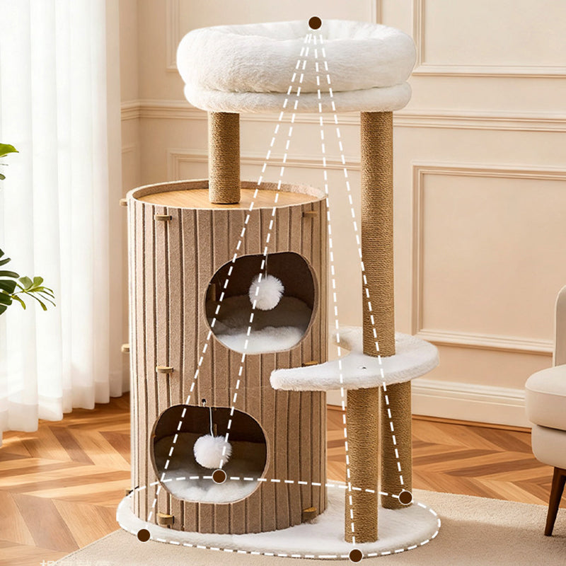 Contemporary Scandinavian Round Medium-Density Fiberboard Hemp Rope Paper Tube Velvet Fabric Felt Cat Tree 4-Tier For Bedroom Cuvalon