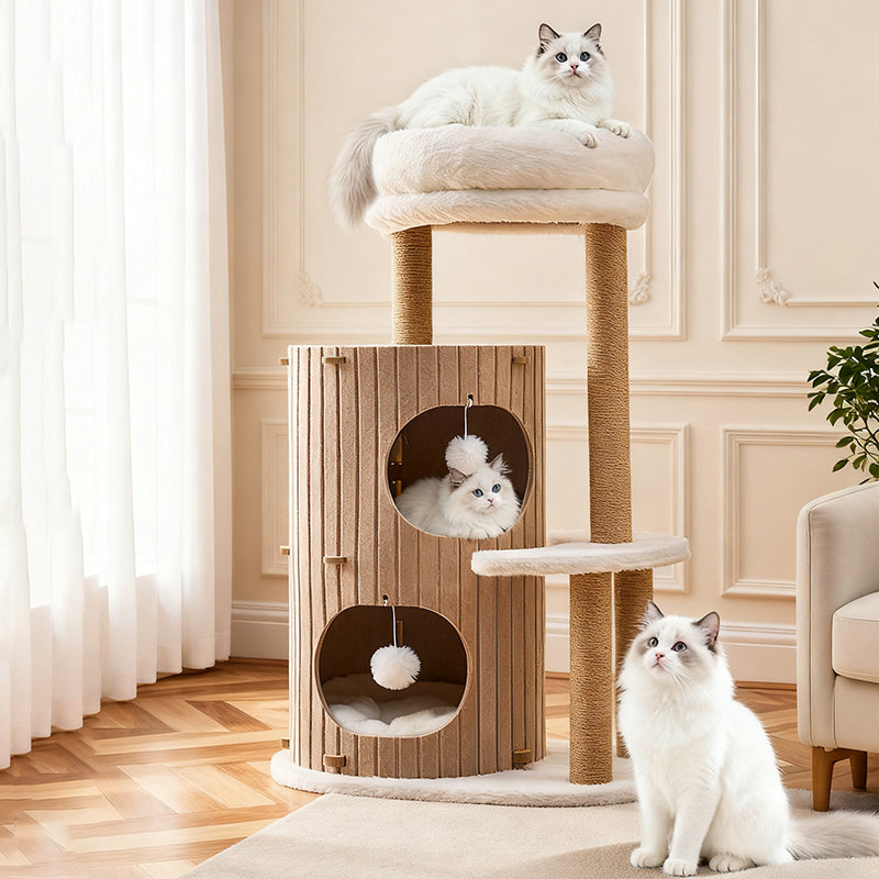 Contemporary Scandinavian Round Medium-Density Fiberboard Hemp Rope Paper Tube Velvet Fabric Felt Cat Tree 4-Tier For Bedroom Cuvalon