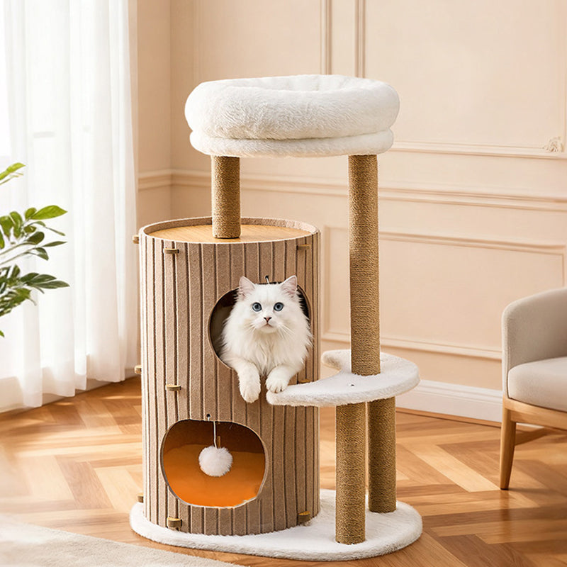 Contemporary Scandinavian Round Medium-Density Fiberboard Hemp Rope Paper Tube Velvet Fabric Felt Cat Tree 4-Tier For Bedroom Cuvalon