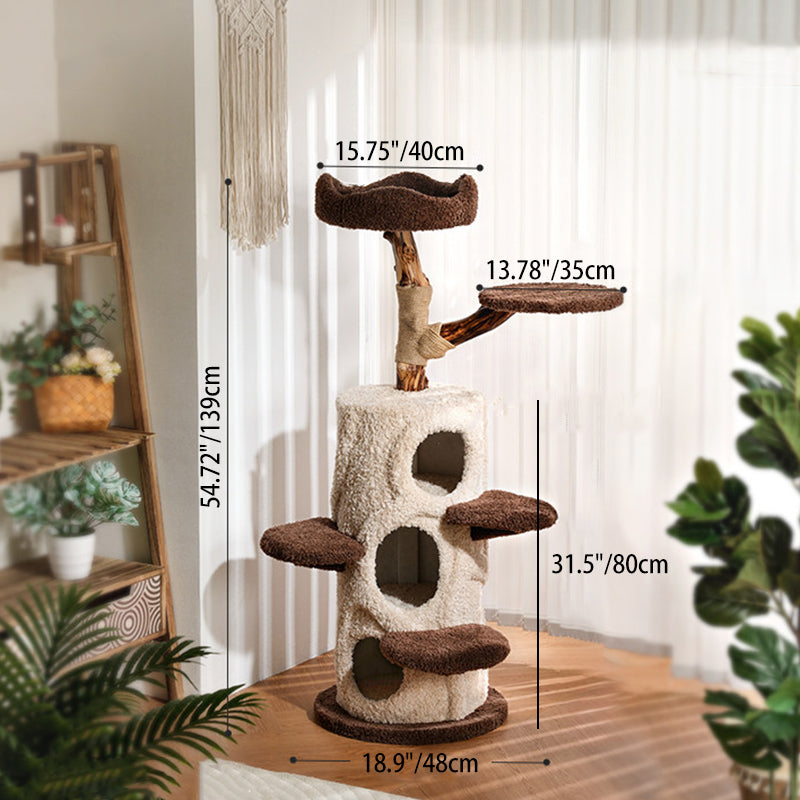 Contemporary Creative Round Particleboard Solid Wood Pillar Velvet Fabric Hemp Rope Cat Tree 6/7-Tier For Living Room Cuvalon