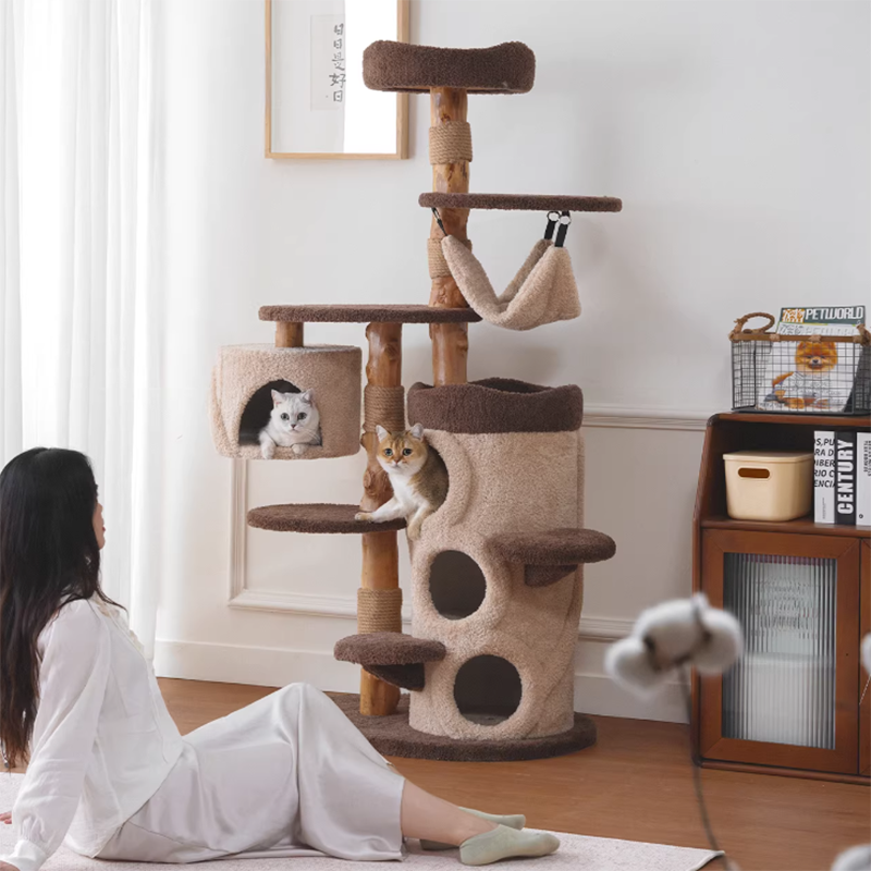 Contemporary Creative Round Particleboard Solid Wood Pillar Velvet Fabric Hemp Rope Cat Tree 6/7-Tier For Living Room Cuvalon
