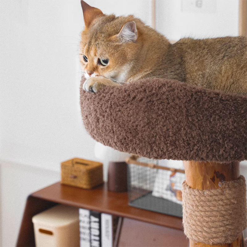 Contemporary Creative Round Particleboard Solid Wood Pillar Velvet Fabric Hemp Rope Cat Tree 6/7-Tier For Living Room Cuvalon