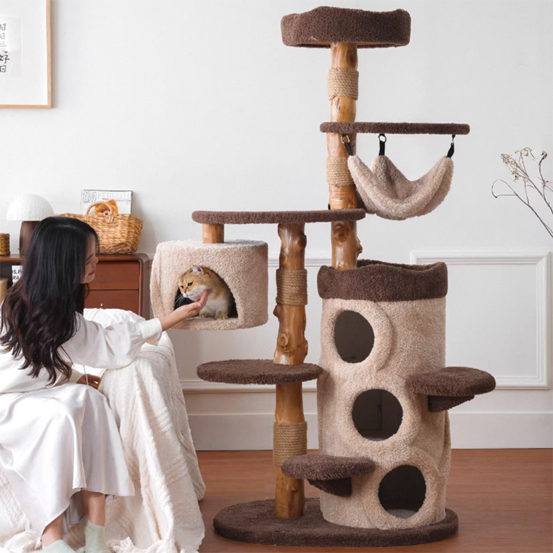 Contemporary Creative Round Particleboard Solid Wood Pillar Velvet Fabric Hemp Rope Cat Tree 6/7-Tier For Living Room Cuvalon