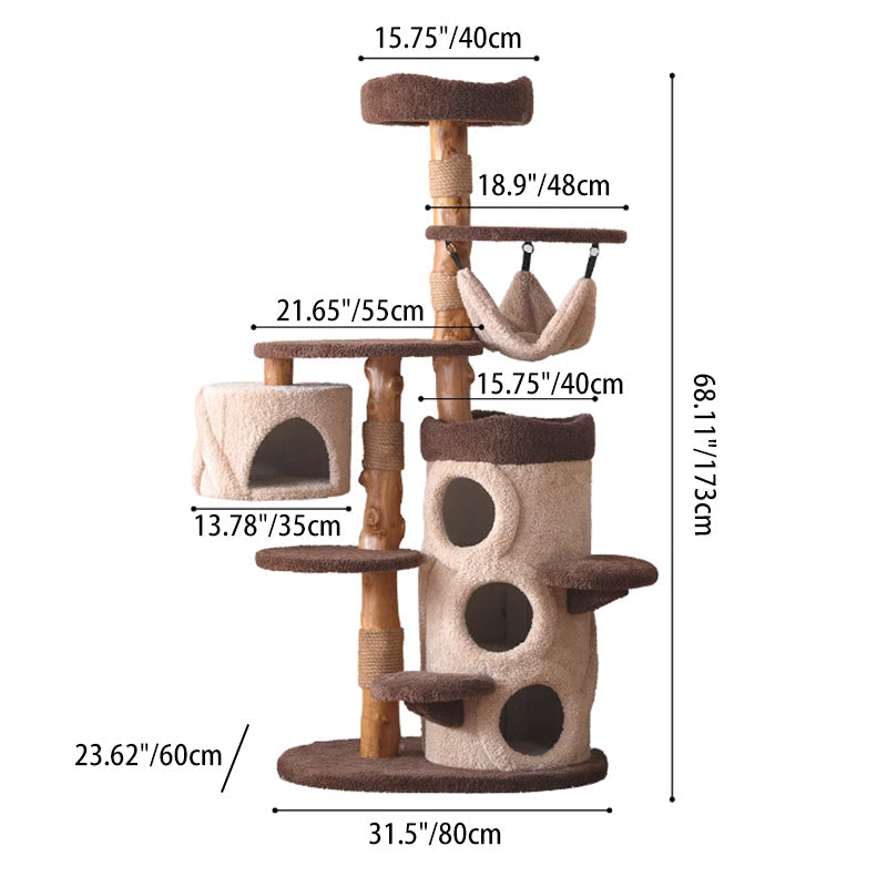 Contemporary Creative Round Particleboard Solid Wood Pillar Velvet Fabric Hemp Rope Cat Tree 6/7-Tier For Living Room Cuvalon