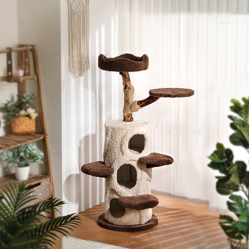 Contemporary Creative Round Particleboard Solid Wood Pillar Velvet Fabric Hemp Rope Cat Tree 6/7-Tier For Living Room Cuvalon