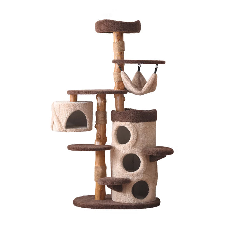 Contemporary Creative Round Particleboard Solid Wood Pillar Velvet Fabric Hemp Rope Cat Tree 6/7-Tier For Living Room Cuvalon