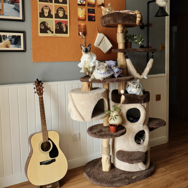 Contemporary Creative Round Particleboard Solid Wood Pillar Velvet Fabric Hemp Rope Cat Tree 6/7-Tier For Living Room Cuvalon