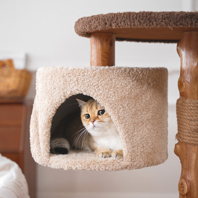 Contemporary Creative Round Particleboard Solid Wood Pillar Velvet Fabric Hemp Rope Cat Tree 6/7-Tier For Living Room Cuvalon