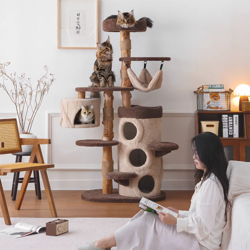 Contemporary Creative Round Particleboard Solid Wood Pillar Velvet Fabric Hemp Rope Cat Tree 6/7-Tier For Living Room Cuvalon