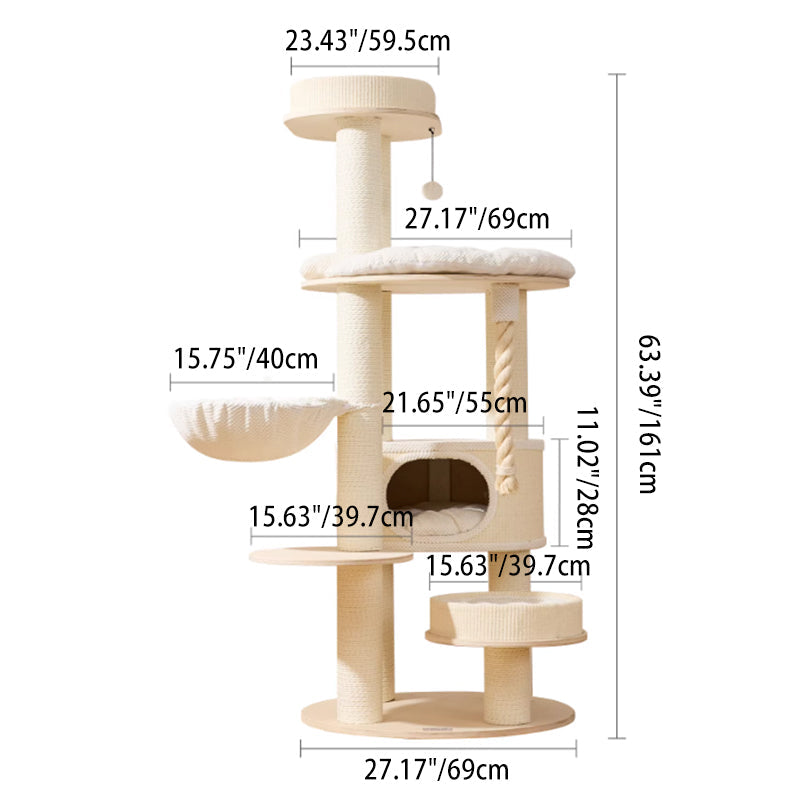 Contemporary Scandinavian Round Plywood Velvet Fabric Paper Rope Sisal Acrylic Cat Tree 6-Tier For Living Room Cuvalon