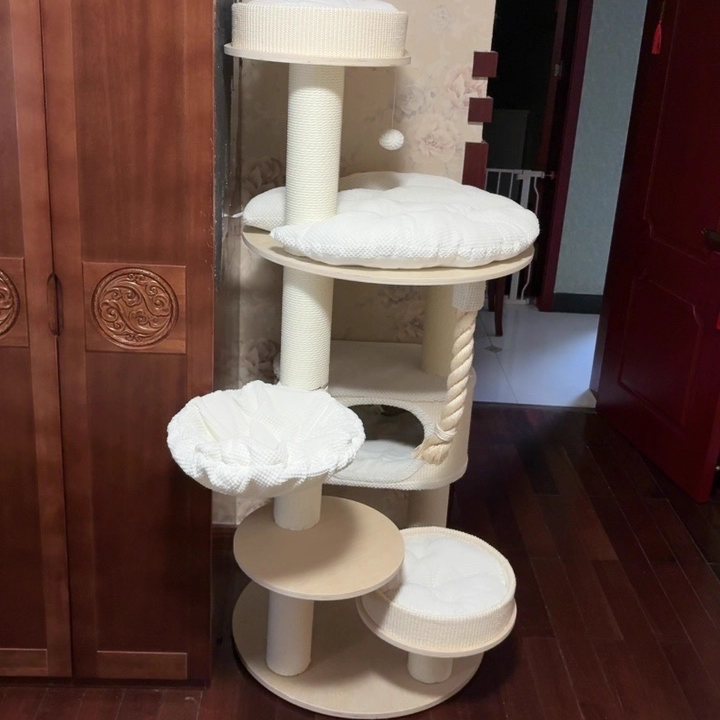 Contemporary Scandinavian Round Plywood Velvet Fabric Paper Rope Sisal Acrylic Cat Tree 6-Tier For Living Room Cuvalon