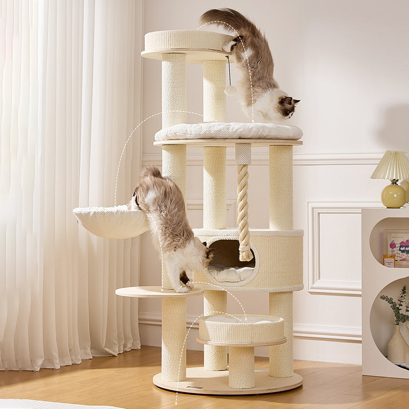 Contemporary Scandinavian Round Plywood Velvet Fabric Paper Rope Sisal Acrylic Cat Tree 6-Tier For Living Room Cuvalon