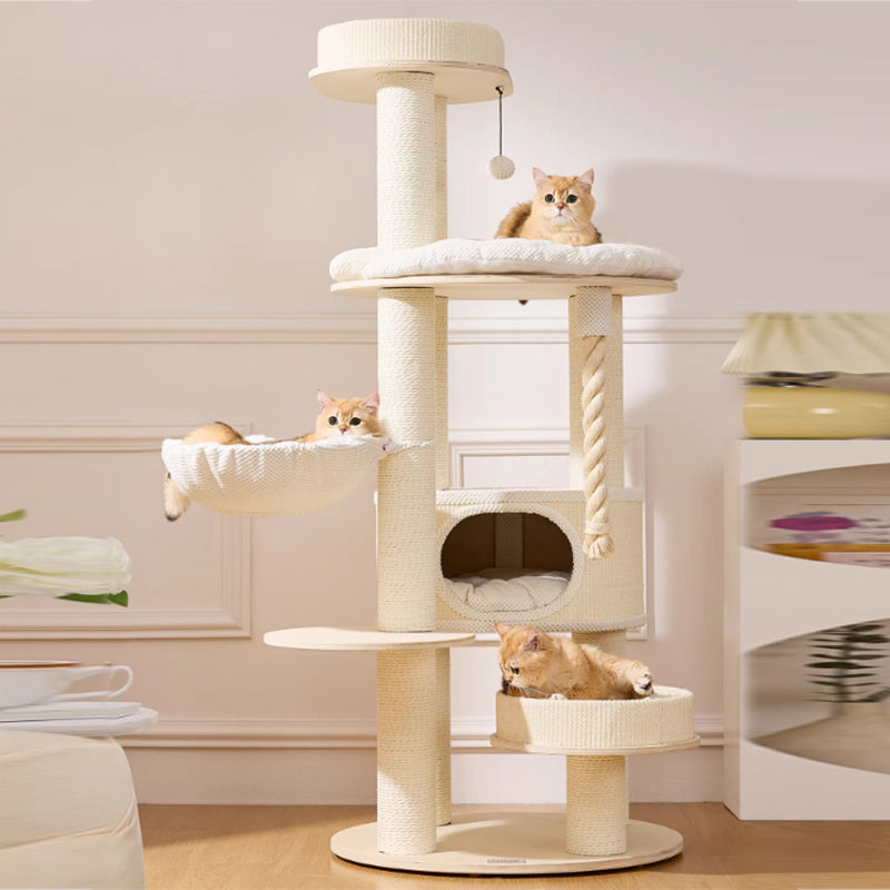 Contemporary Scandinavian Round Plywood Velvet Fabric Paper Rope Sisal Acrylic Cat Tree 6-Tier For Living Room Cuvalon