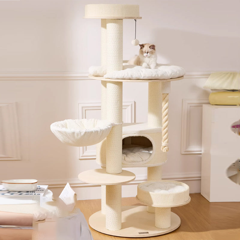 Contemporary Scandinavian Round Plywood Velvet Fabric Paper Rope Sisal Acrylic Cat Tree 6-Tier For Living Room Cuvalon