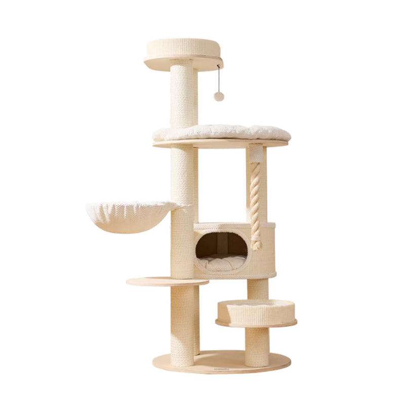 Contemporary Scandinavian Round Plywood Velvet Fabric Paper Rope Sisal Acrylic Cat Tree 6-Tier For Living Room Cuvalon