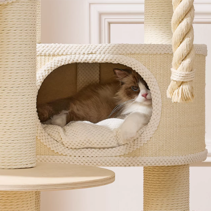 Contemporary Scandinavian Round Plywood Velvet Fabric Paper Rope Sisal Acrylic Cat Tree 6-Tier For Living Room Cuvalon