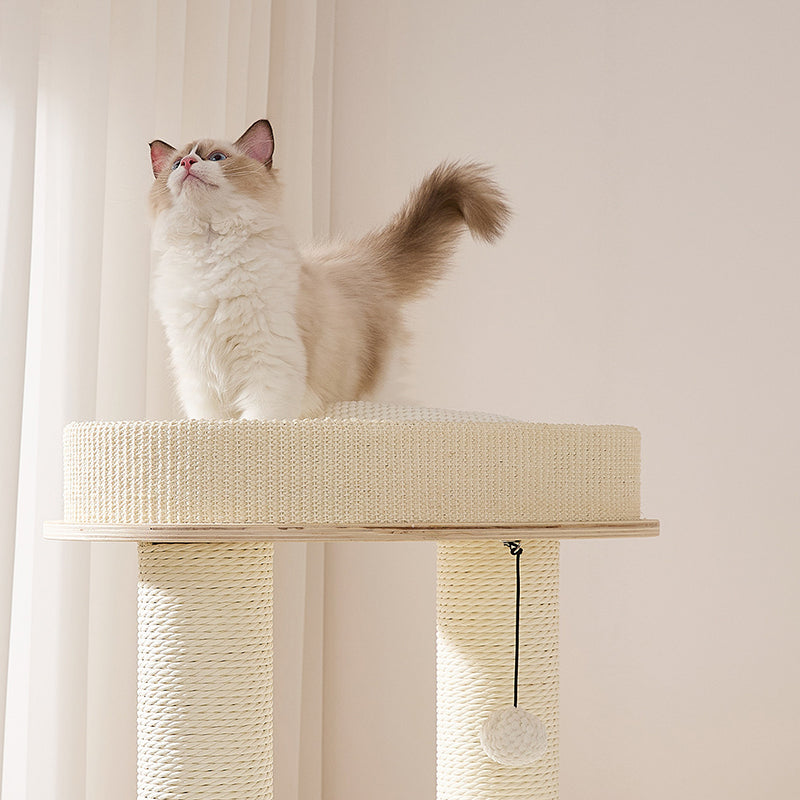 Contemporary Scandinavian Round Plywood Velvet Fabric Paper Rope Sisal Acrylic Cat Tree 6-Tier For Living Room Cuvalon