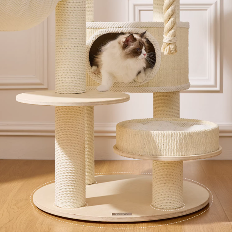 Contemporary Scandinavian Round Plywood Velvet Fabric Paper Rope Sisal Acrylic Cat Tree 6-Tier For Living Room Cuvalon