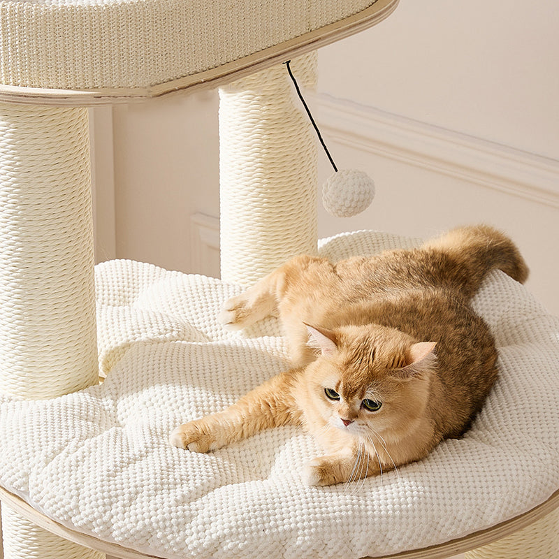 Contemporary Scandinavian Round Plywood Velvet Fabric Paper Rope Sisal Acrylic Cat Tree 6-Tier For Living Room Cuvalon