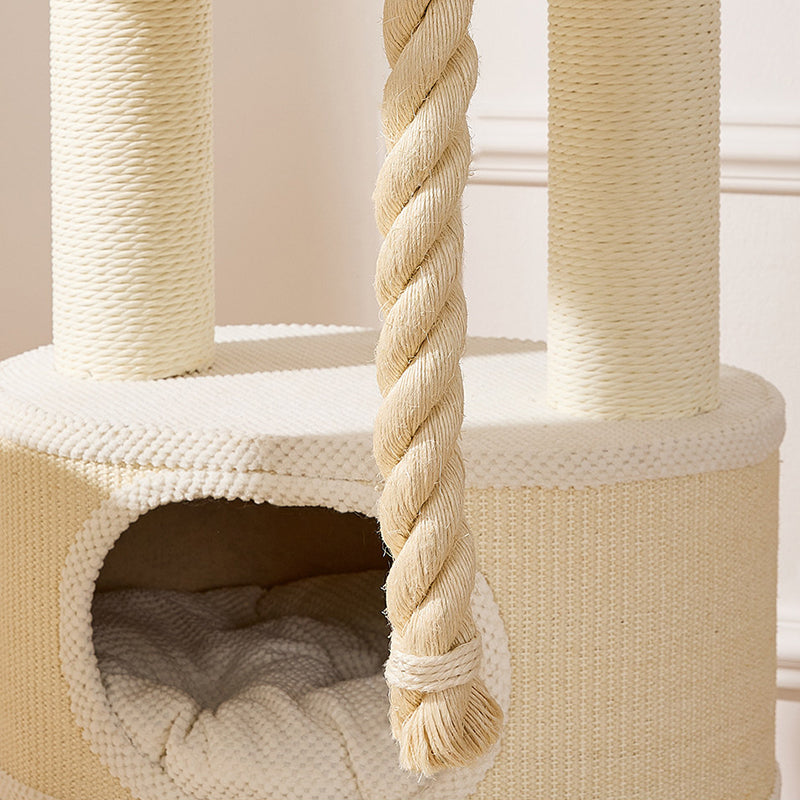 Contemporary Scandinavian Round Plywood Velvet Fabric Paper Rope Sisal Acrylic Cat Tree 6-Tier For Living Room Cuvalon