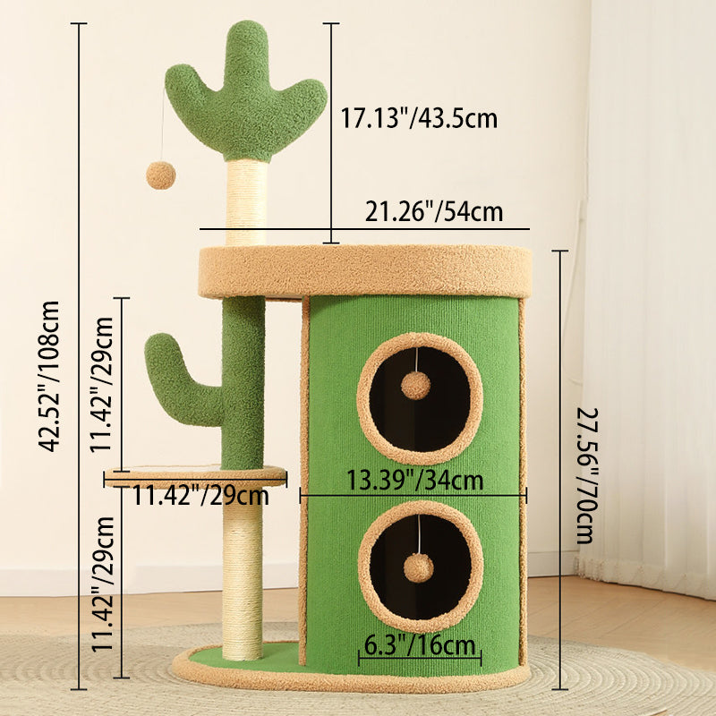 Contemporary Creative Round Particleboard Velvet Fabric Sisal Paper Tube Cactus Cat Tree & Condo 2-Condo 1-Perch For Bedroom Cuvalon
