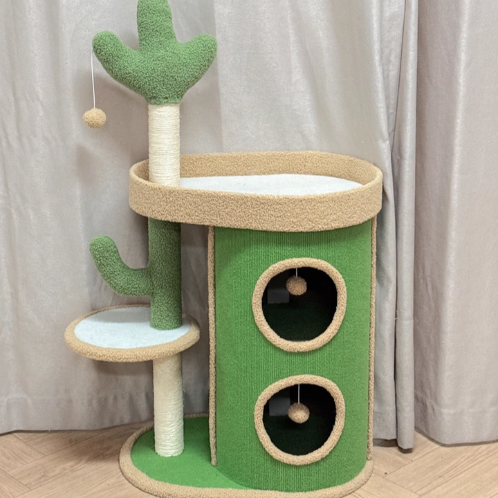 Contemporary Creative Round Particleboard Velvet Fabric Sisal Paper Tube Cactus Cat Tree & Condo 2-Condo 1-Perch For Bedroom Cuvalon