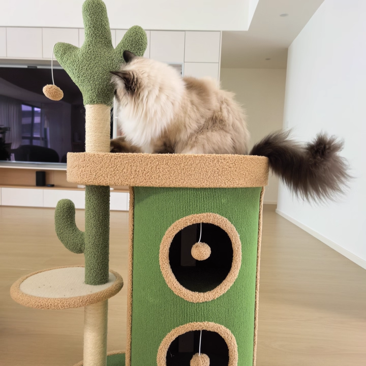 Contemporary Creative Round Particleboard Velvet Fabric Sisal Paper Tube Cactus Cat Tree & Condo 2-Condo 1-Perch For Bedroom Cuvalon