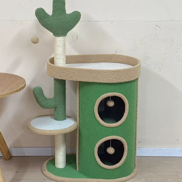 Contemporary Creative Round Particleboard Velvet Fabric Sisal Paper Tube Cactus Cat Tree & Condo 2-Condo 1-Perch For Bedroom Cuvalon