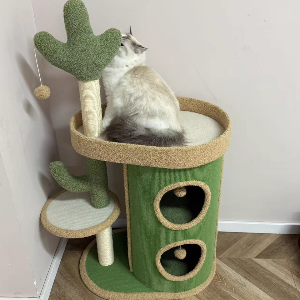 Contemporary Creative Round Particleboard Velvet Fabric Sisal Paper Tube Cactus Cat Tree & Condo 2-Condo 1-Perch For Bedroom Cuvalon