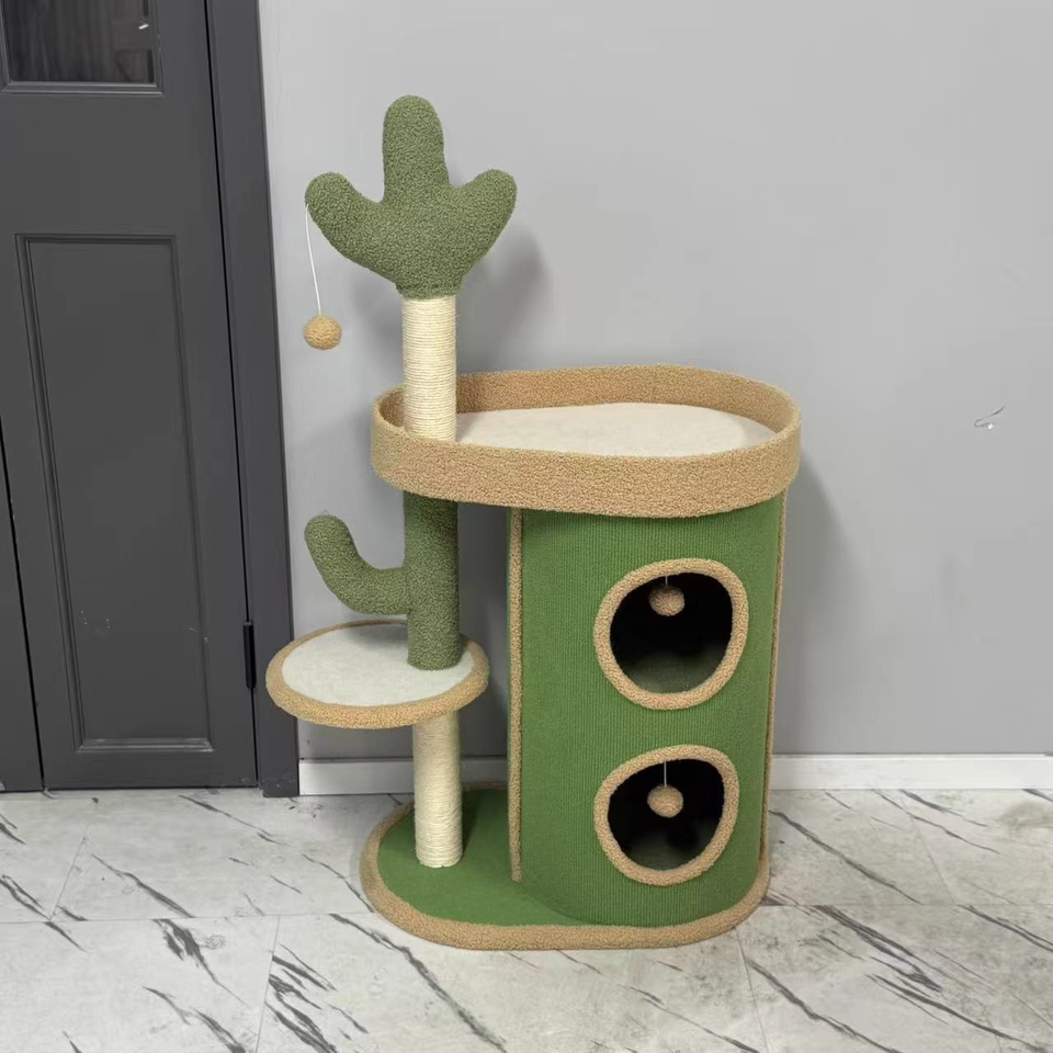 Contemporary Creative Round Particleboard Velvet Fabric Sisal Paper Tube Cactus Cat Tree & Condo 2-Condo 1-Perch For Bedroom Cuvalon