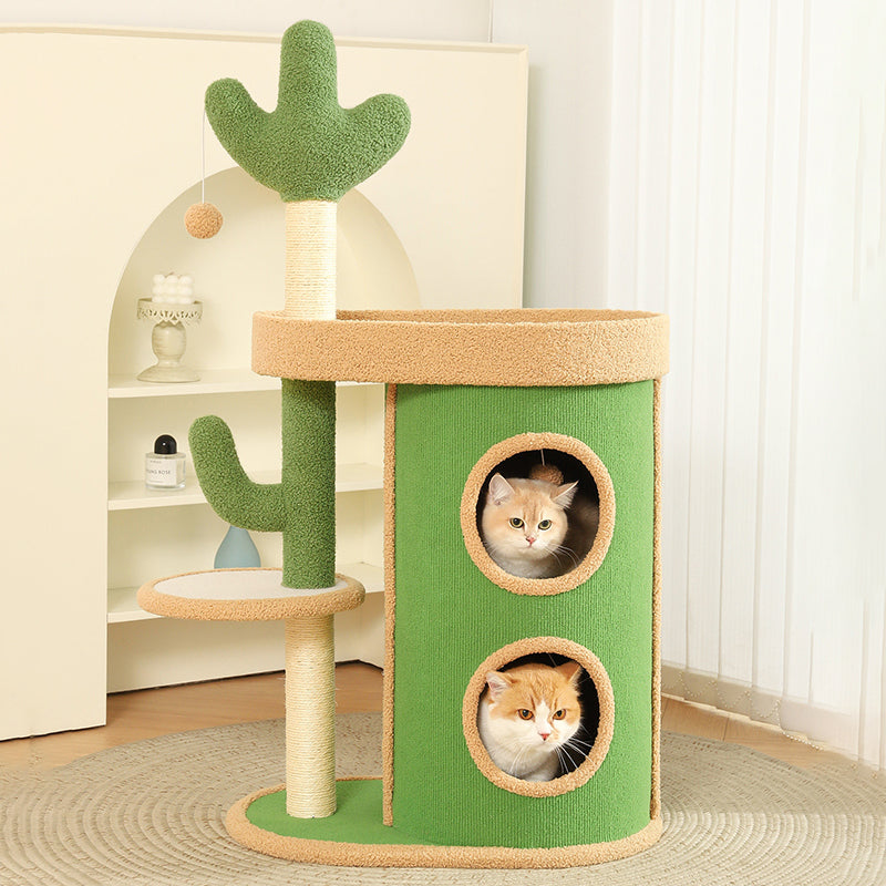 Contemporary Creative Round Particleboard Velvet Fabric Sisal Paper Tube Cactus Cat Tree & Condo 2-Condo 1-Perch For Bedroom Cuvalon