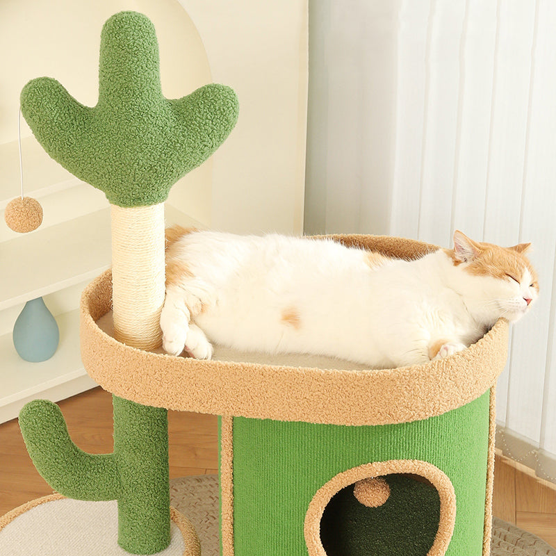 Contemporary Creative Round Particleboard Velvet Fabric Sisal Paper Tube Cactus Cat Tree & Condo 2-Condo 1-Perch For Bedroom Cuvalon