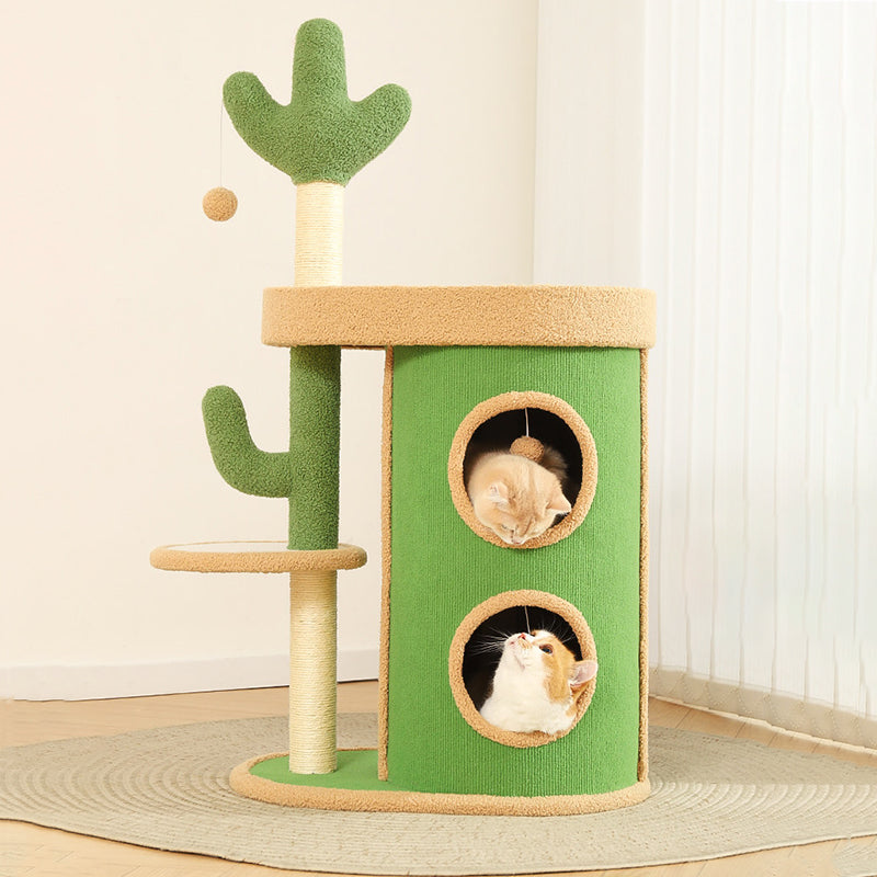 Contemporary Creative Round Particleboard Velvet Fabric Sisal Paper Tube Cactus Cat Tree & Condo 2-Condo 1-Perch For Bedroom Cuvalon