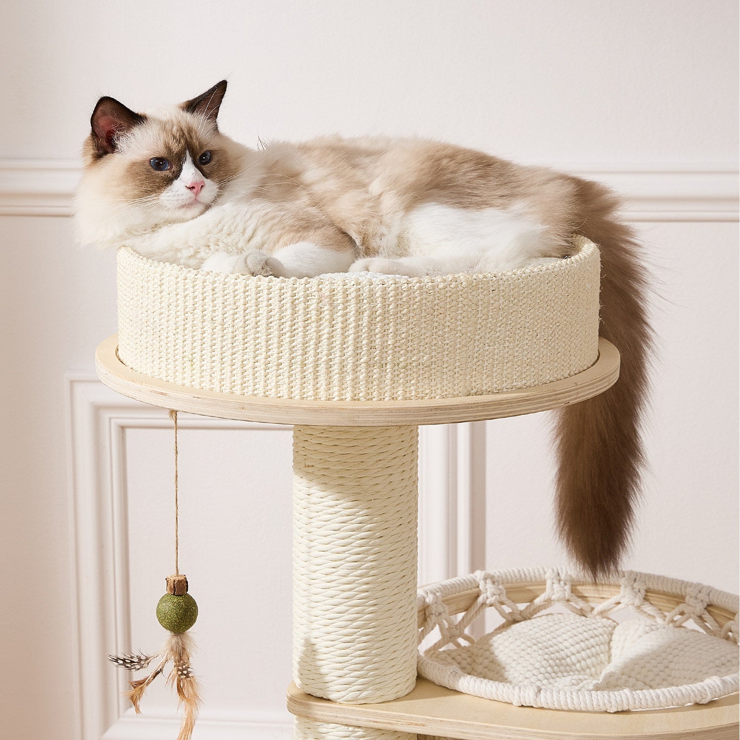 Contemporary Scandinavian Round Plywood Paper Rope Sisal Velvet Fabric Cat Tree & Condo 2-Condo 2-Perch For Bedroom Cuvalon