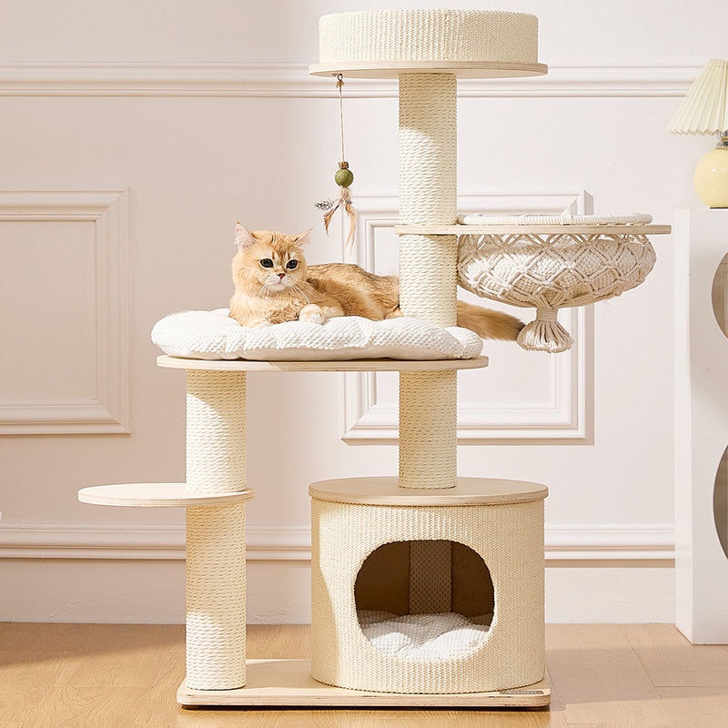 Contemporary Scandinavian Round Plywood Paper Rope Sisal Velvet Fabric Cat Tree & Condo 2-Condo 2-Perch For Bedroom Cuvalon