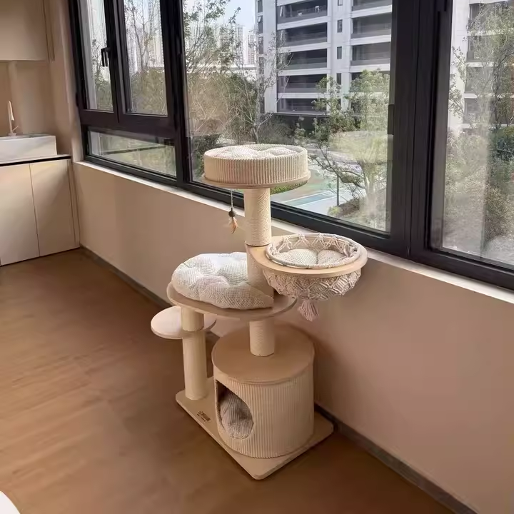 Contemporary Scandinavian Round Plywood Paper Rope Sisal Velvet Fabric Cat Tree & Condo 2-Condo 2-Perch For Bedroom Cuvalon