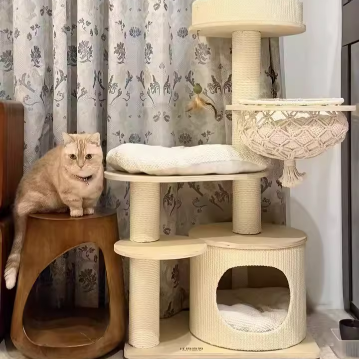 Contemporary Scandinavian Round Plywood Paper Rope Sisal Velvet Fabric Cat Tree & Condo 2-Condo 2-Perch For Bedroom Cuvalon
