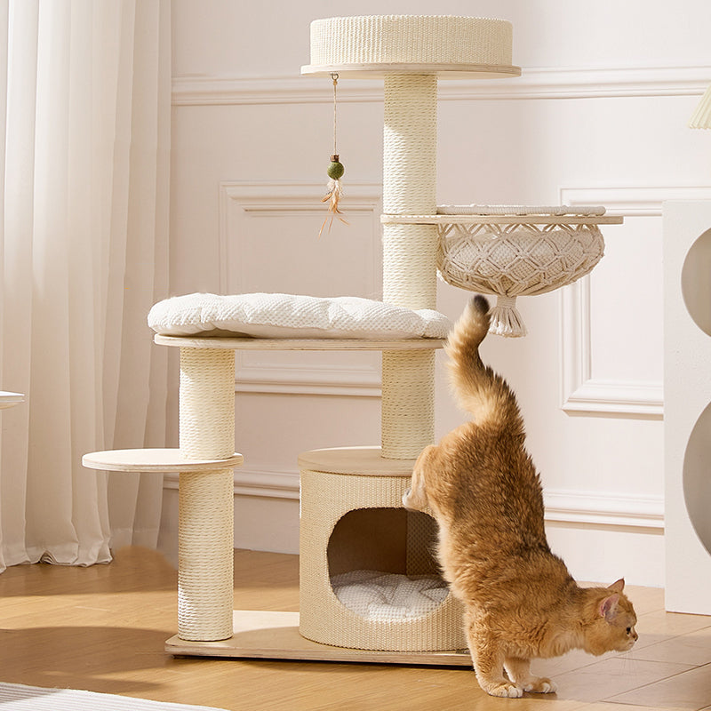 Contemporary Scandinavian Round Plywood Paper Rope Sisal Velvet Fabric Cat Tree & Condo 2-Condo 2-Perch For Bedroom Cuvalon