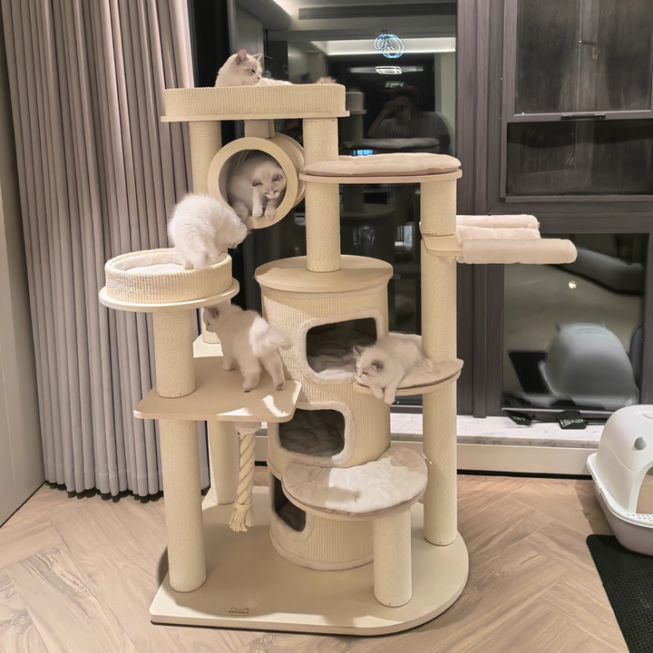 Contemporary Scandinavian Round Plywood Particleboard Paper Rope Velvet Fabric Cat Tree & Condo 3-Condo 5-Perch For Bedroom Cuvalon