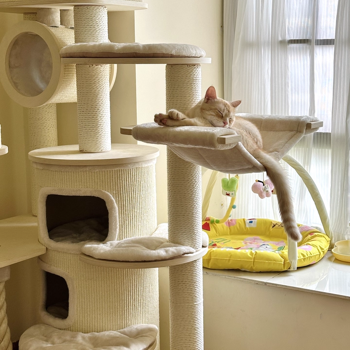 Contemporary Scandinavian Round Plywood Particleboard Paper Rope Velvet Fabric Cat Tree & Condo 3-Condo 5-Perch For Bedroom Cuvalon