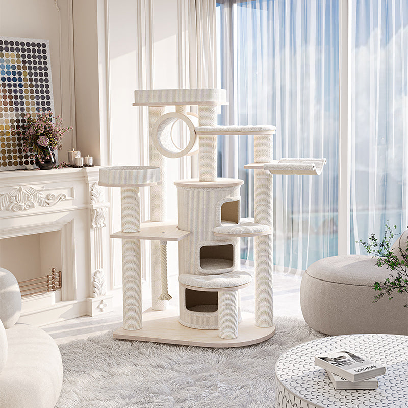 Contemporary Scandinavian Round Plywood Particleboard Paper Rope Velvet Fabric Cat Tree & Condo 3-Condo 5-Perch For Bedroom Cuvalon