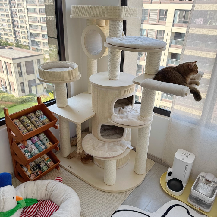 Contemporary Scandinavian Round Plywood Particleboard Paper Rope Velvet Fabric Cat Tree & Condo 3-Condo 5-Perch For Bedroom Cuvalon