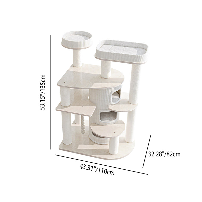 Contemporary Scandinavian Round Plywood Particleboard Paper Rope Velvet Fabric Cat Tree & Condo 3-Condo 5-Perch For Bedroom Cuvalon