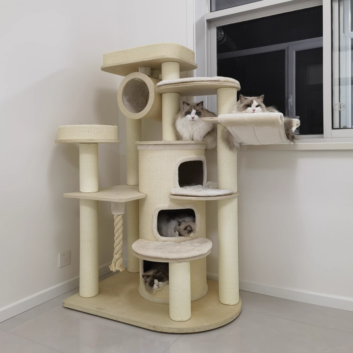 Contemporary Scandinavian Round Plywood Particleboard Paper Rope Velvet Fabric Cat Tree & Condo 3-Condo 5-Perch For Bedroom Cuvalon