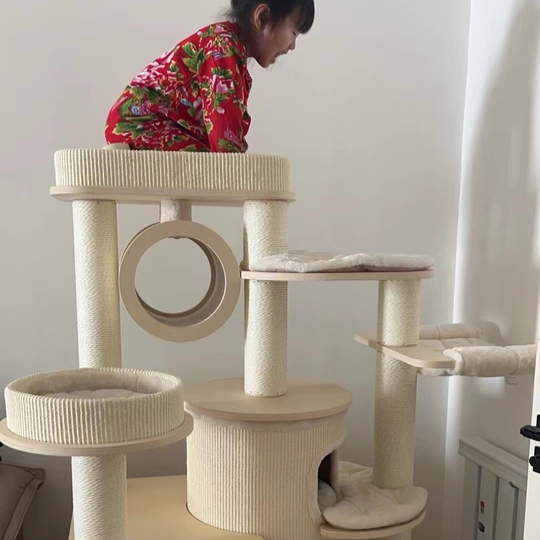 Contemporary Scandinavian Round Plywood Particleboard Paper Rope Velvet Fabric Cat Tree & Condo 3-Condo 5-Perch For Bedroom Cuvalon