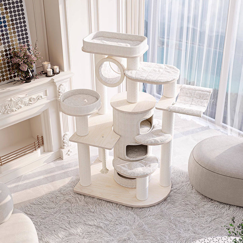 Contemporary Scandinavian Round Plywood Particleboard Paper Rope Velvet Fabric Cat Tree & Condo 3-Condo 5-Perch For Bedroom Cuvalon