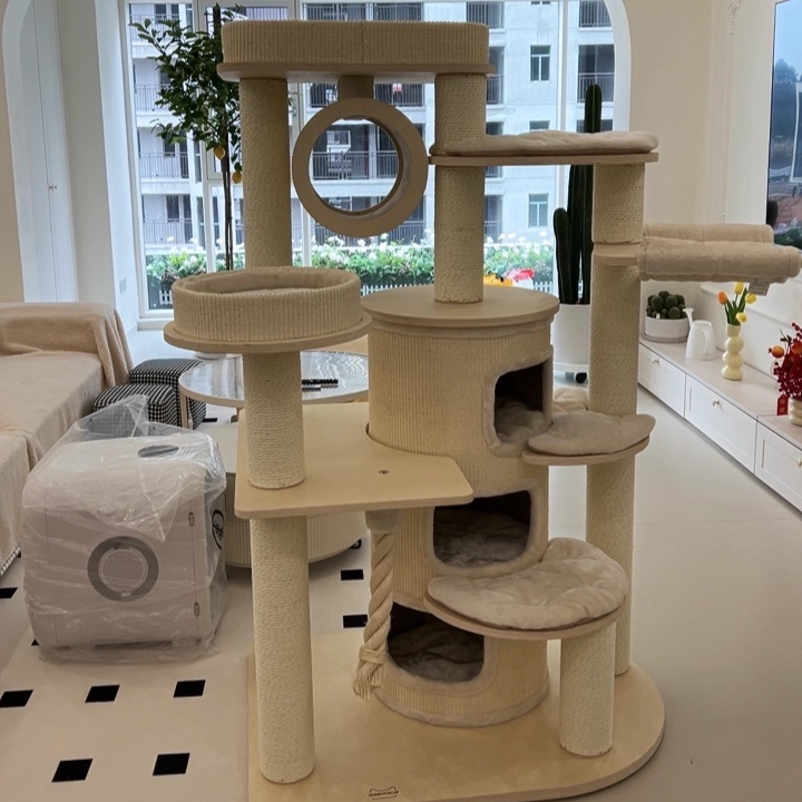 Contemporary Scandinavian Round Plywood Particleboard Paper Rope Velvet Fabric Cat Tree & Condo 3-Condo 5-Perch For Bedroom Cuvalon